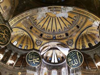 Fototapeta na wymiar Dome painting from the inside of the Hagia Sophia in Istanbul, a world monument of Byzantine architecture