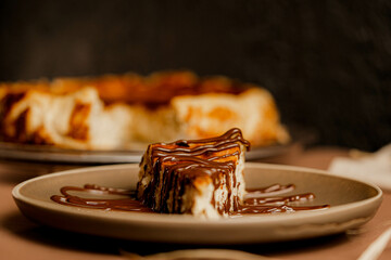 a piece of san sebastian cheesecake from the big dessert. Close angle 