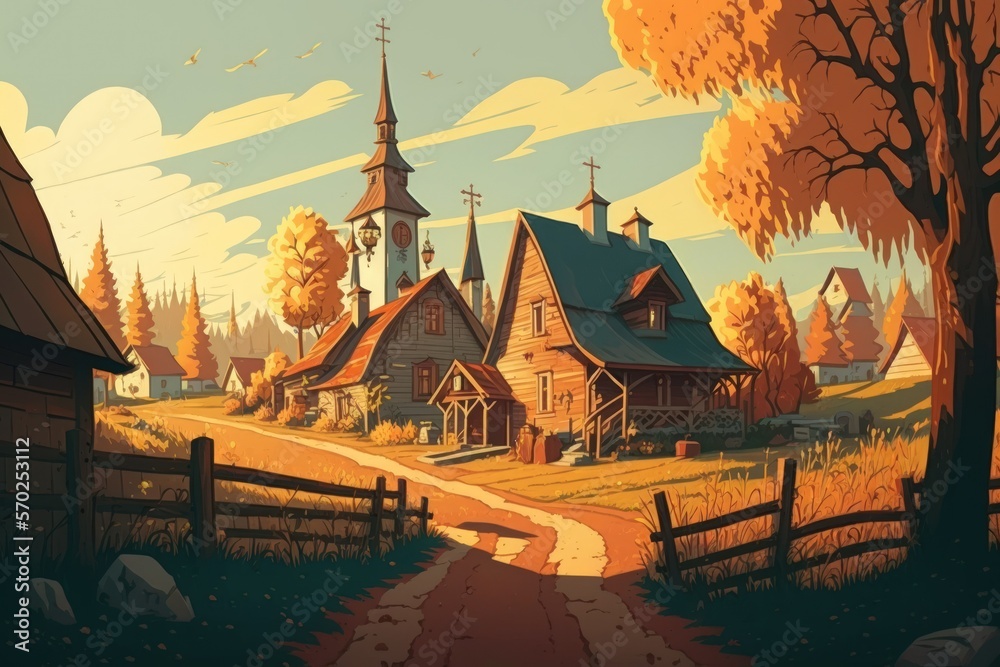 Wall mural Russian village in the fall, as the sun is setting. Generative AI