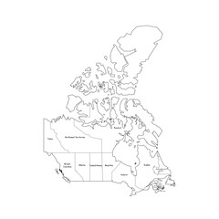 Canada political map of administrative divisions - provinces and territories. Handdrawn doodle style map with black outline borders and name labels.