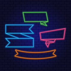 Neon glowing minimalistic frames for text of various shapes in the form of ribbons. Blank Template for text box, speech bubble, chat message, social media ad header