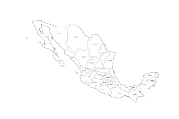 Mexico political map of administrative divisions - states and Mexico City. Handdrawn doodle style map with black outline borders and name labels.