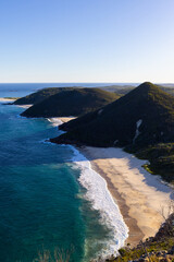Beautiful beach and mountain view from Tomaree Mountain, Port Stephens, Australia.