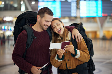 Ticket, travel and couple at airport with passport talking, chatting or laughing at funny joke....