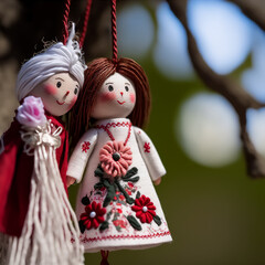 Traditional martenitsa dolls made from red and white yarn. Male and female dolls called Pizho and Penda. March 1st . Baba Marta Day traditional trinket. Generative AI