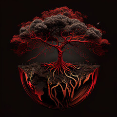Big tree in red on black background, creative logo