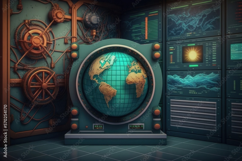 Poster compass and globe map in a digital composition set against a computer server room. concept for compu