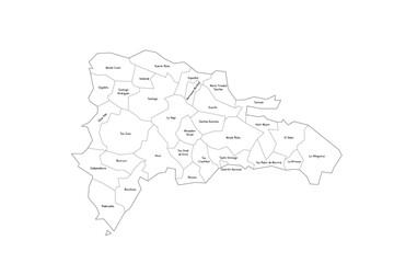 Dominican Republic political map of administrative divisions - provinces and national district. Handdrawn doodle style map with black outline borders and name labels.