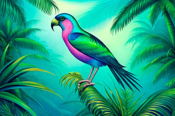 Paradise bird, tropical exotic jungle plants leaves flowers abstract pastel color. Generative AI