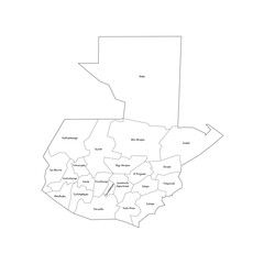 Guatemala political map of administrative divisions - departments. Handdrawn doodle style map with black outline borders and name labels.