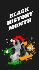 Young african-american man and woman with megaphone over black background. Racial diversity and freedom. Black History Month. Banner, poster. Concept of human rights, history, discrimination