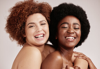 Friends hug, beauty and face with skincare and women, happy with cosmetic care inclusion on studio background. Natural cosmetics, healthy skin and diversity with melanin, makeup and dermatology glow