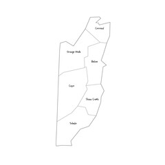 Belize political map of administrative divisions - districts. Handdrawn doodle style map with black outline borders and name labels.