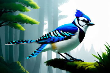 Blue jay bird digital painting art, with nature on background. Generative AI - obrazy, fototapety, plakaty