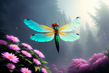 Digital painting art of dragonfly,illustration, flying dragonfly. Generative AI