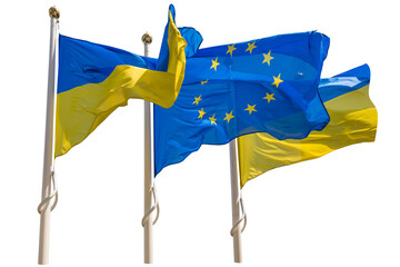 Flagpoles with European Union and Ukraine flags in PNG isolated on transparent background - obrazy, fototapety, plakaty