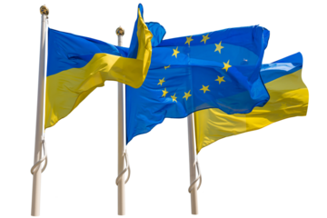 Flagpoles with European Union and Ukraine flags in PNG isolated on transparent background