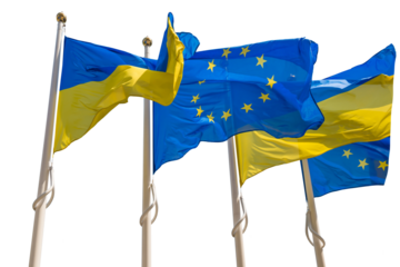 Flagpoles with European Union and Ukraine flags in PNG isolated on transparent background