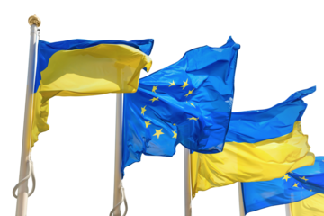 Ukraine and European Union flags on poles, Ukrainian flag in PNG isolated on transparent background