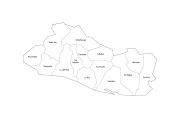 El Salvador political map of administrative divisions - departments. Handdrawn doodle style map with black outline borders and name labels.