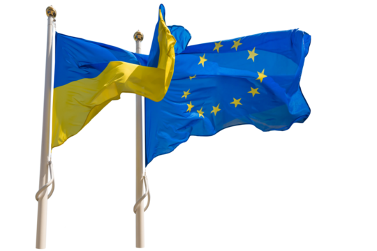 Flagpoles with European Union and Ukraine flags in PNG isolated on transparent background