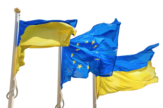 Ukraine and European Union flags on poles, Ukrainian flag in PNG isolated on transparent background