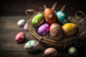 Fototapeta premium Easter Painted Eggs in Basket on Wooden Background. Generative AI