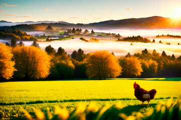 Red chicken on a farm in nature. Hen in a free range farm. Chicken walking in the farm yard. Generative AI