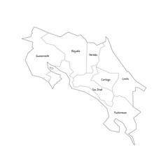 Costa Rica political map of administrative divisions - provinces. Handdrawn doodle style map with black outline borders and name labels.