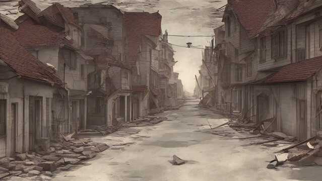 Wide Angle Illustration Of A Town Hit By Earthquake, Collapsed Buildings