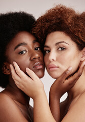 Beauty, skincare and portrait of black women for cosmetic skin, self care and isolated in studio background. Facial, diversity and multicultural friends for spa treatment for glow and makeup