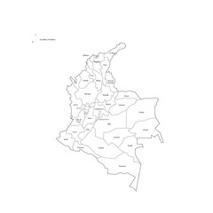 Colombia political map of administrative divisions - departments and capital district. Handdrawn doodle style map with black outline borders and name labels.