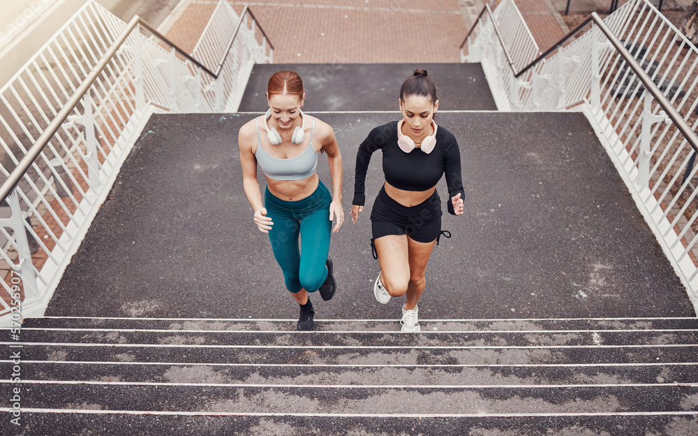 Canvas Prints Fitness, sports or friends running on steps exercise together for healthy lifestyle, wellness or exercising for marathon. Athletes, runners or fast women training in cardio workout on stairs in city