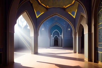 Fototapeta na wymiar Islamic background painting. Mosque and shadows. Light rays from mosque window or door. Prayer's vision, generative ai. Muslim art.