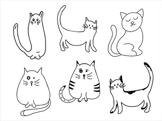 Vector set. Cute cats. Vector black and white hand-drawn doodles. Template design, clipart, logo, sketch.