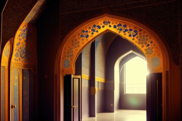 Islamic background painting. Mosque and shadows. Light rays from mosque window or door. Prayer's vision, generative ai. Muslim art.