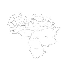 Venezuela political map of administrative divisions - states, capital district and federal dependencies. Handdrawn doodle style map with black outline borders and name labels.