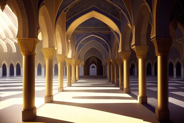 Obraz premium Islamic background painting. Mosque and shadows. Light rays from mosque window or door. Prayer's vision, generative ai. Muslim art.