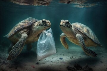 Obraz premium Turtles eating plastic bags due to ocean plastic pollution is an environmental issue. Generative AI