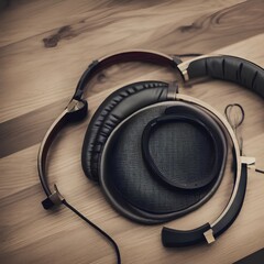 music icon headphone headphone headphone on wooden table - generative ai