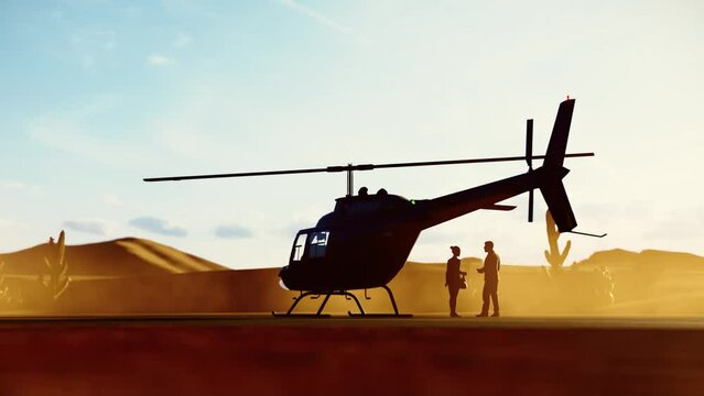 silhouette businessman dealing project outside helicopter get ready for flying ,shape of man and woman standing with desert background,3D rendering.