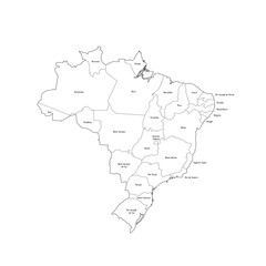 Brazil political map of administrative divisions - Federative units of Brazil. Handdrawn doodle style map with black outline borders and name labels.