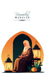 Ramadan Mubarak Vertical Banner Design With Muslim Woman Character Praying, Illuminated Lamps.