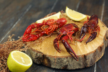 boiled craw fish on kitchen board with net and lemon slices closeup photo
