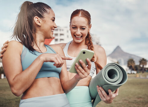 Yoga, Fitness And Social Media With Woman Friends In The Park Together For Mental Health Exercise. Exercise, Phone And Training With A Female And Friend Outside On A Grass Field For A Summer Workout