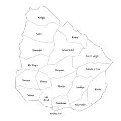 Uruguay political map of administrative divisions - departments. Handdrawn doodle style map with black outline borders and name labels.