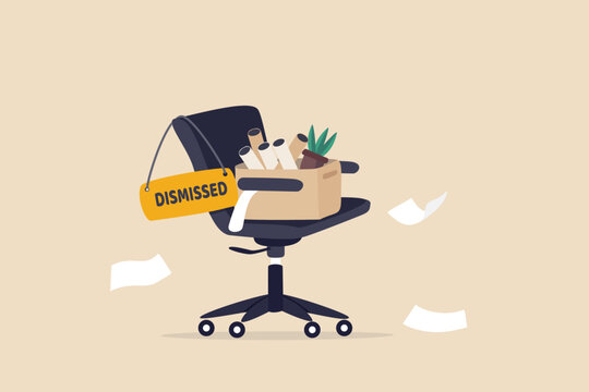 Dismissed staff, lay off or unemployed employee, losing job or being fired, retired staff, quit or resign from job position concept, office chair with package and dismissal sign.