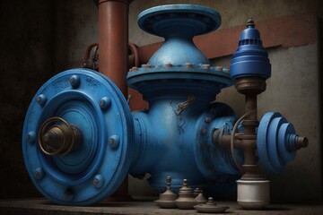 Fototapeta premium new blue valves and new blue joint members were used to link old, large drink water pipelines. Generative AI