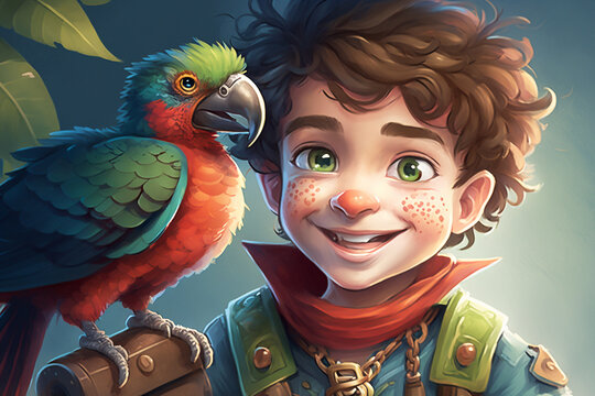 illustration for a children's book of a smiling boy with his colorful parrot - AI generative
