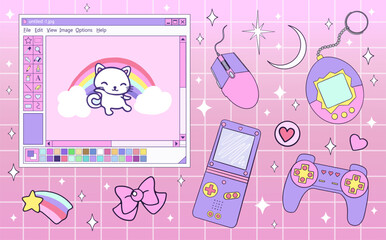 Kawaii elements set for Gamer Girl in 90s vaporwave style © Vika92